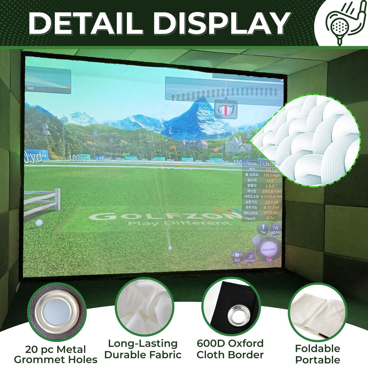 Impact sports Golf Simulator Impact Screen 9'10'' x 9'10'' - White Golf Impact Screen – Woven Mesh Golf Simulators for Home w/Double Grommets – Golf Hitting Net for Training w/Reinforced Black Borders
