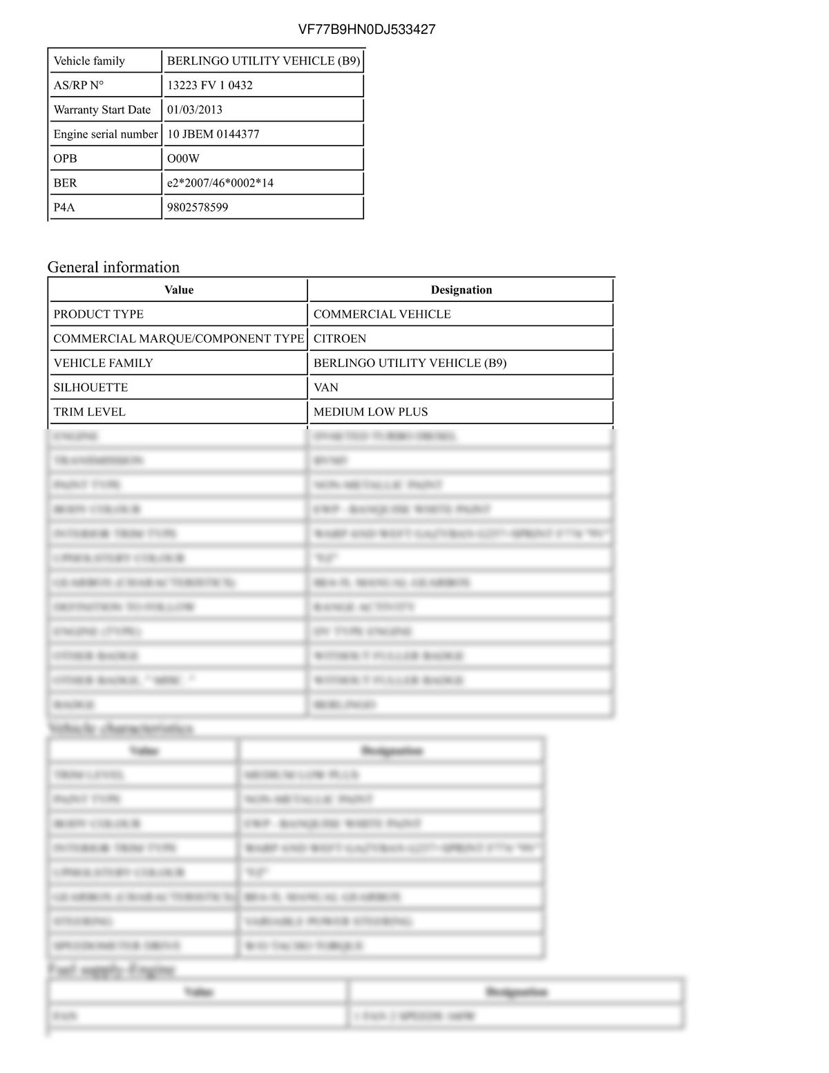 Build Sheet VIN VF77B9HN0DJ533427