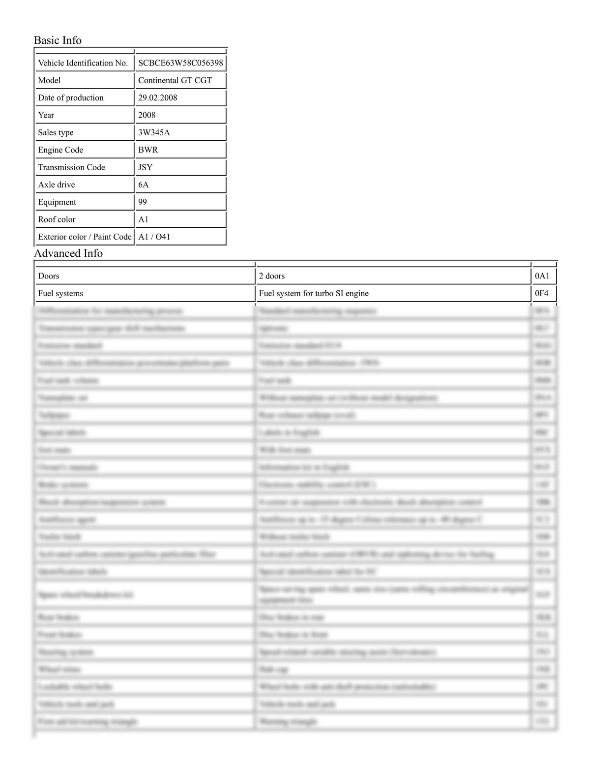 Build Sheet VIN SCBCE63W58C056398