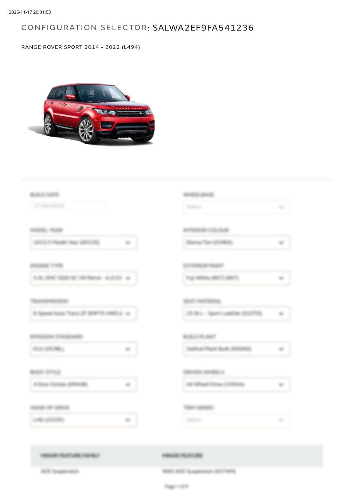 Build Sheet VIN SALWA2EF9FA541236