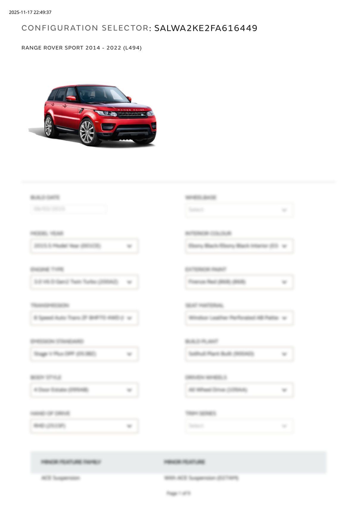 Build Sheet VIN SALWA2KE2FA616449