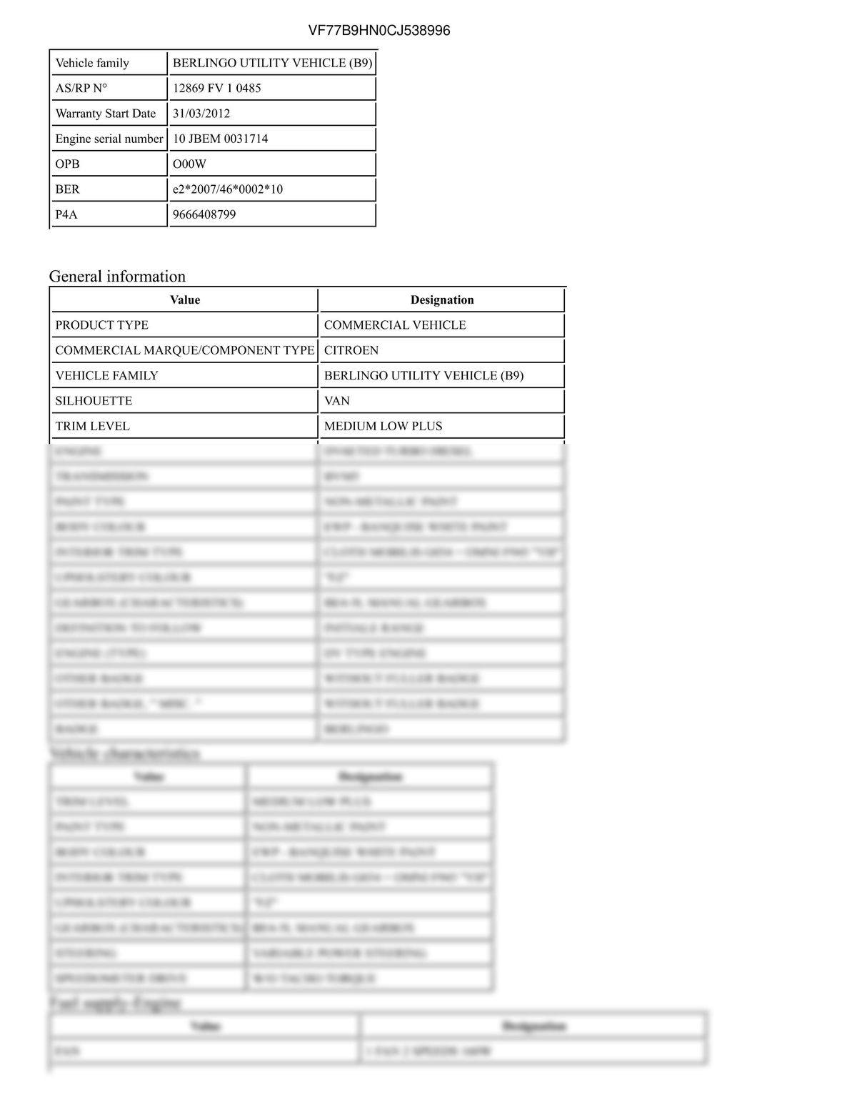 Build Sheet VIN VF77B9HN0CJ538996
