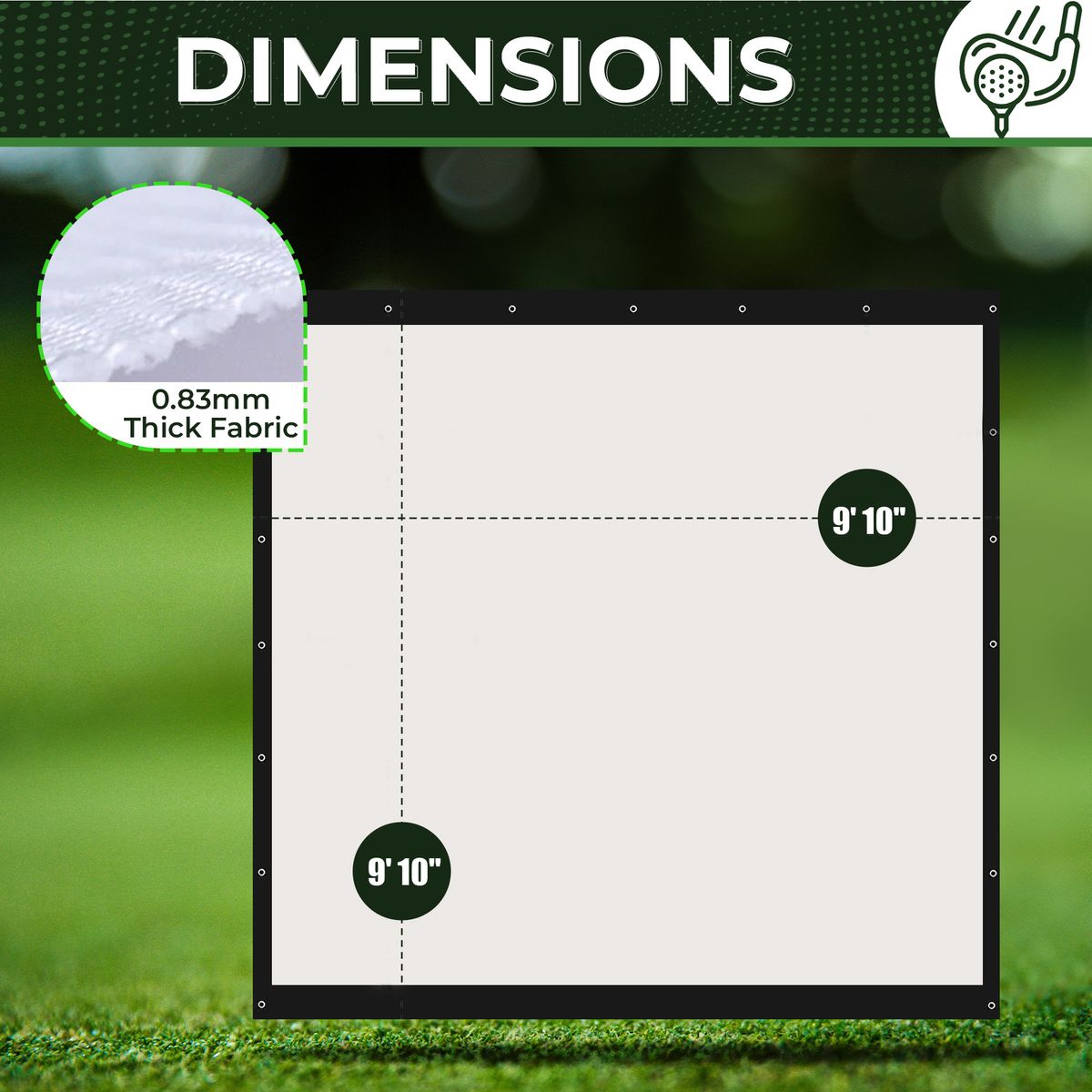 Impact sports Golf Simulator Impact Screen 9'10'' x 9'10'' - White Golf Impact Screen – Woven Mesh Golf Simulators for Home w/Double Grommets – Golf Hitting Net for Training w/Reinforced Black Borders