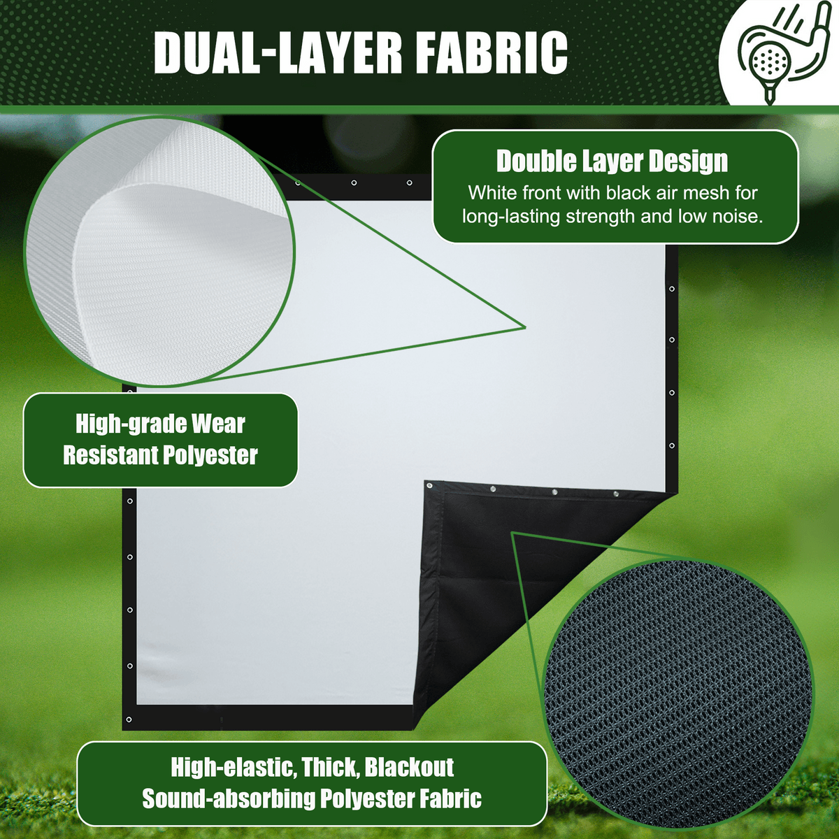 Golf Impact Screen Double Layer 9'10'' x 11'6'' – Low Noise on Impact, Durable Grommets, Reinforced Black Border – High-Strength Polyester, Indoor/Outdoor Golf Simulator Screen