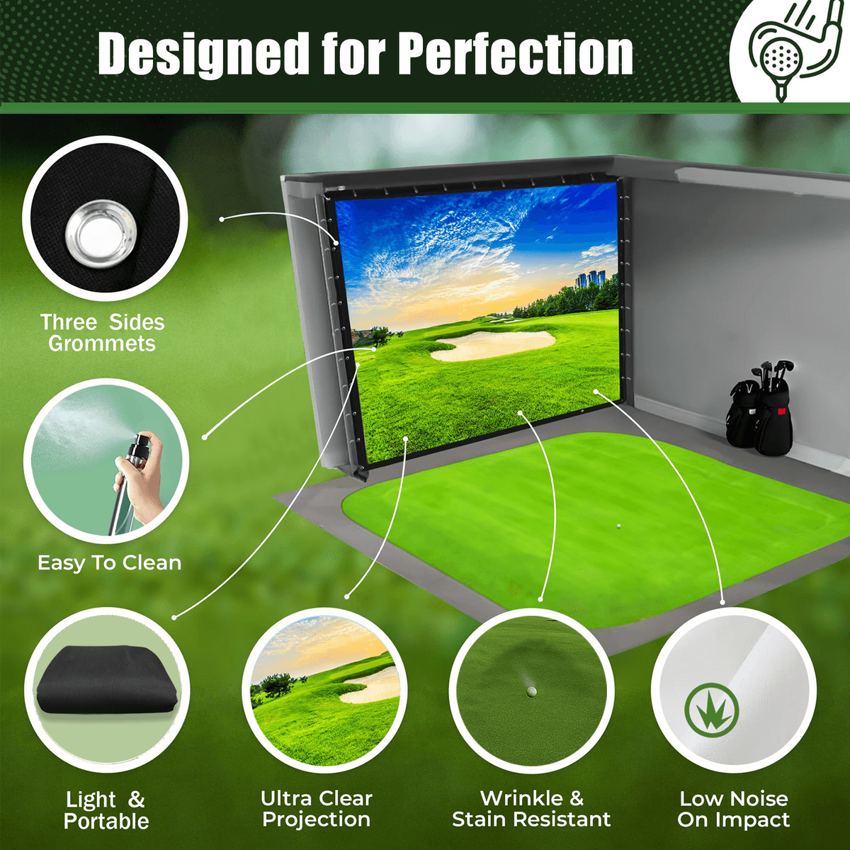 Golf Impact Screen Double Layer 9'10'' x 11'6'' – Low Noise on Impact, Durable Grommets, Reinforced Black Border – High-Strength Polyester, Indoor/Outdoor Golf Simulator Screen