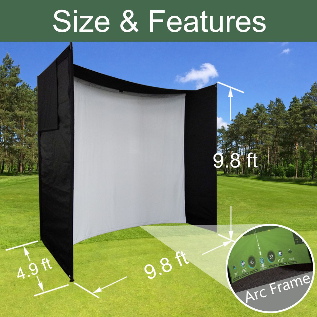 Golf Impact Screen Frame Enclosure Kit Set [9.8' H x 9.8'W x 4.9'D] DIY Parabolic Screen Durable Fabric with Hook & Loop - Reinforced Black Border