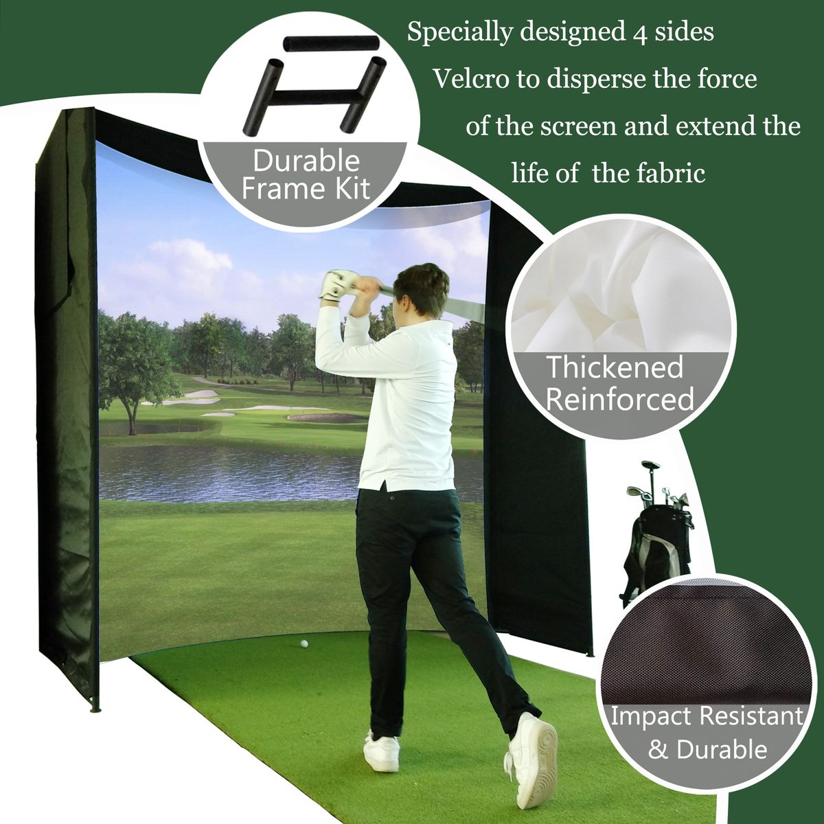 Golf Impact Screen Frame Enclosure Kit Set [9.8' H x 9.8'W x 4.9'D] DIY Parabolic Screen Durable Fabric with Hook & Loop - Reinforced Black Border