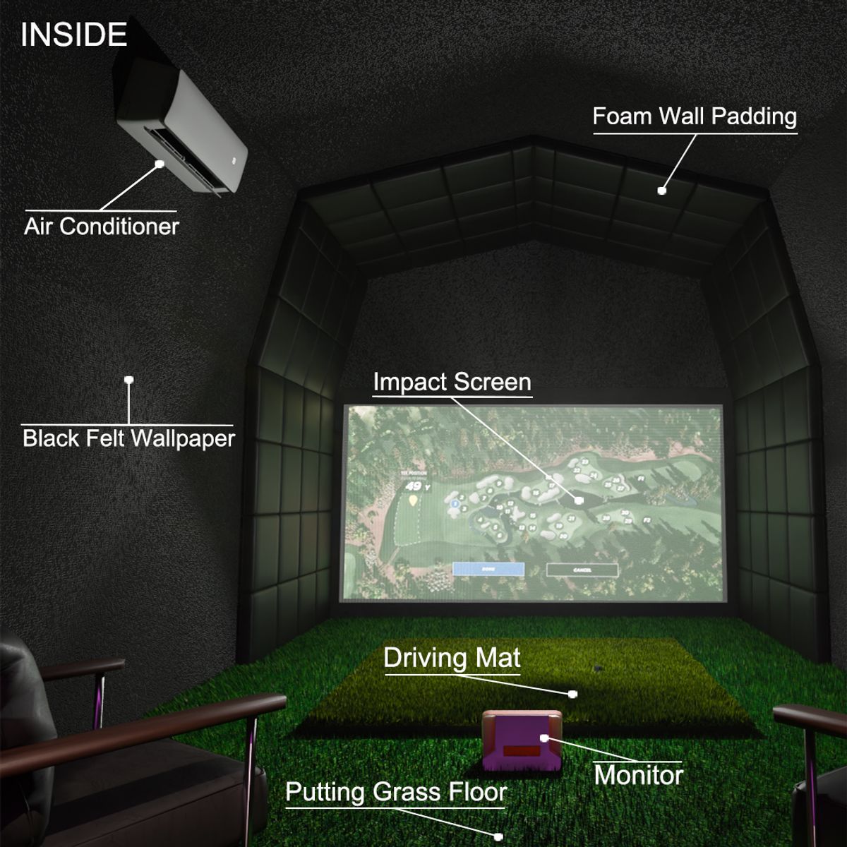 IMPACT SPORTS Golf Wood Shed – Backyard Shed w/Golf Simulator Screen & More