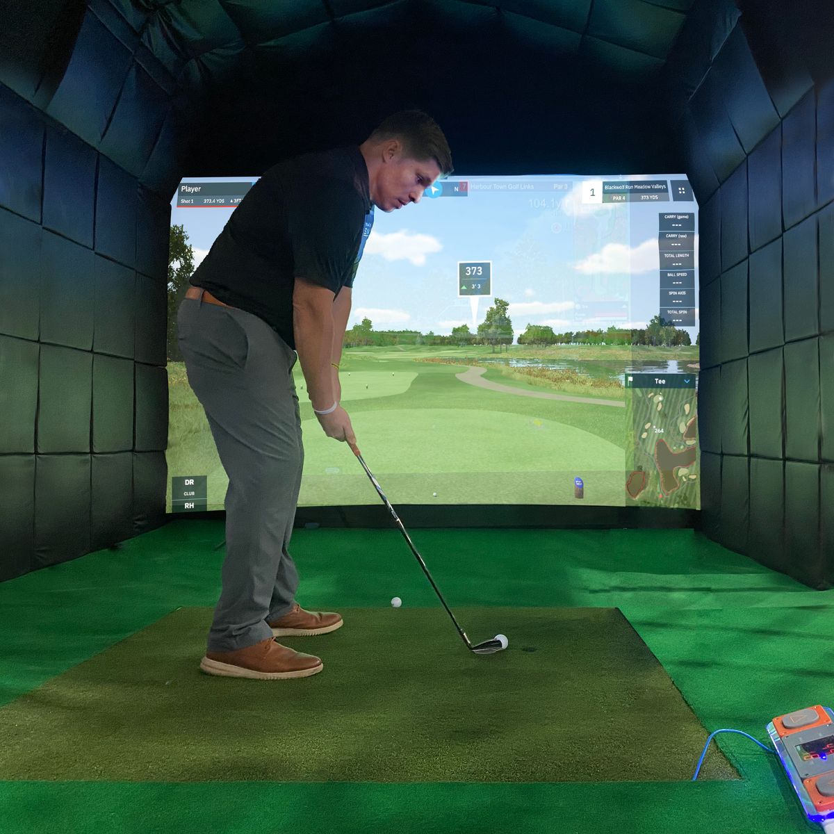 IMPACT SPORTS Golf Wood Shed – Backyard Shed w/Golf Simulator Screen & More