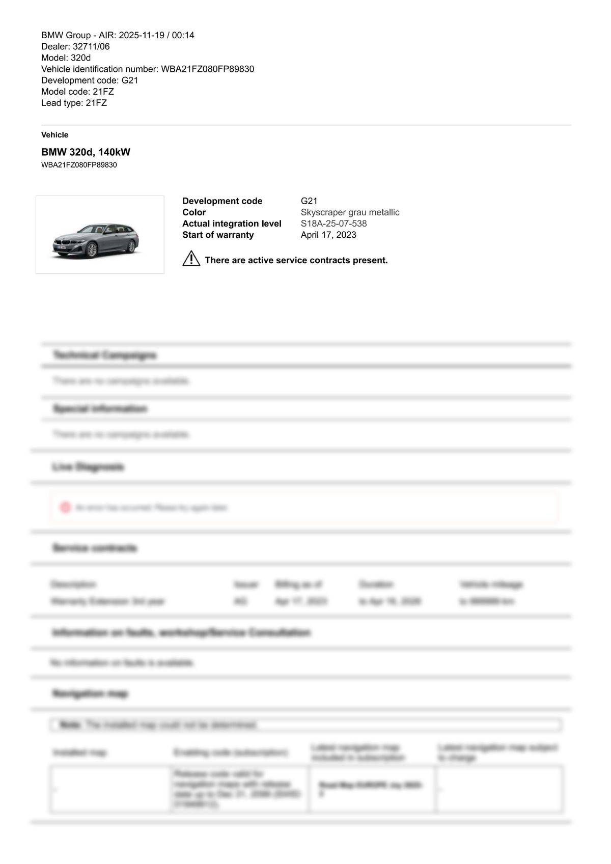 Service History Report VIN WBA21FZ080FP89830