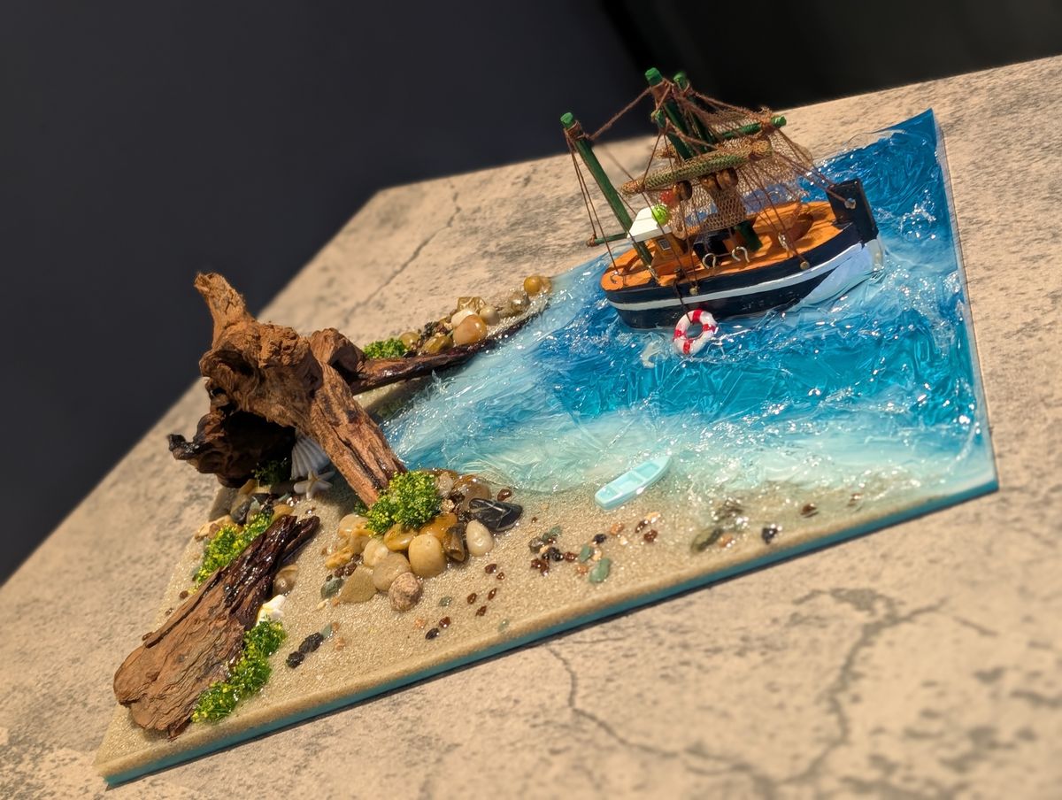 3D | Miniature Ocean Diorama | Featuring Waves, A Ship, Islands & Beach Scene | 1-of-1 Art Piece