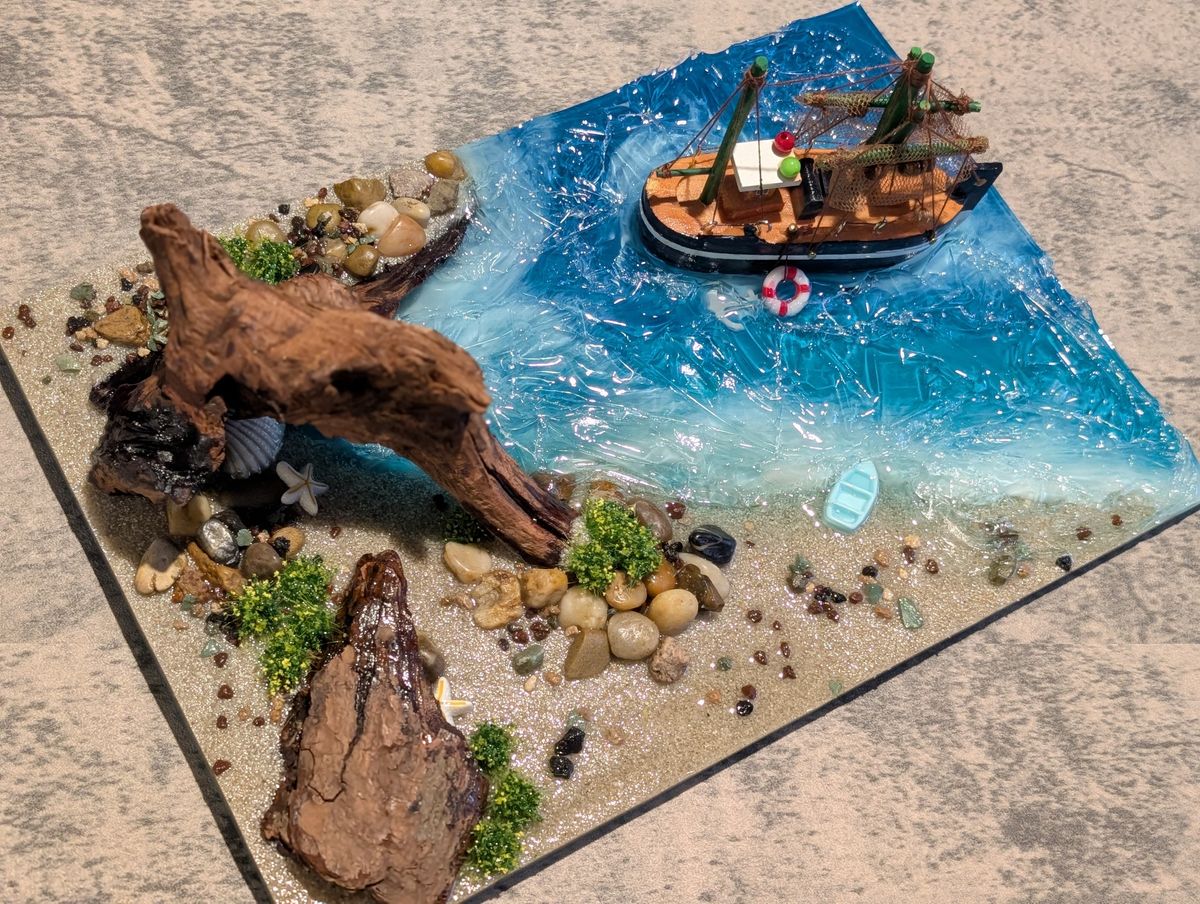 3D | Miniature Ocean Diorama | Featuring Waves, A Ship, Islands & Beach Scene | 1-of-1 Art Piece