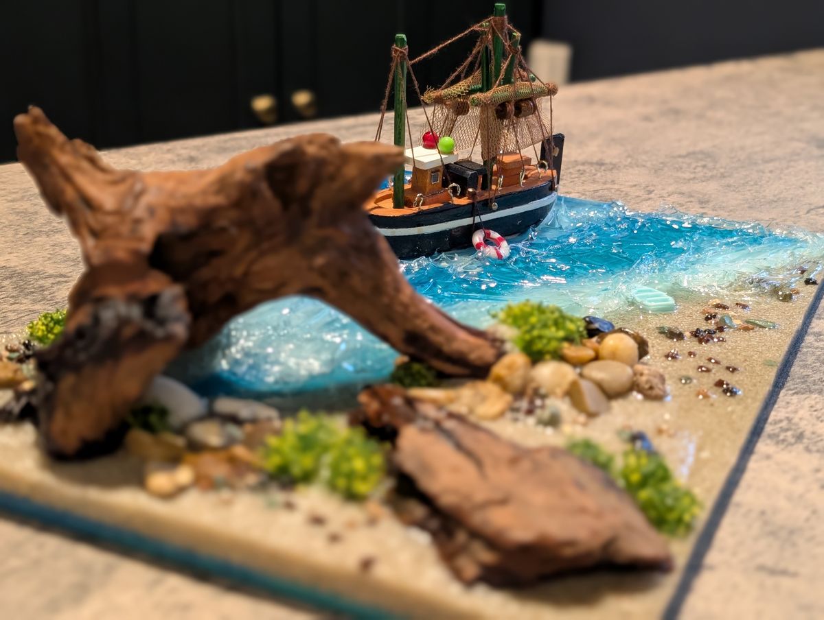 3D | Miniature Ocean Diorama | Featuring Waves, A Ship, Islands & Beach Scene | 1-of-1 Art Piece