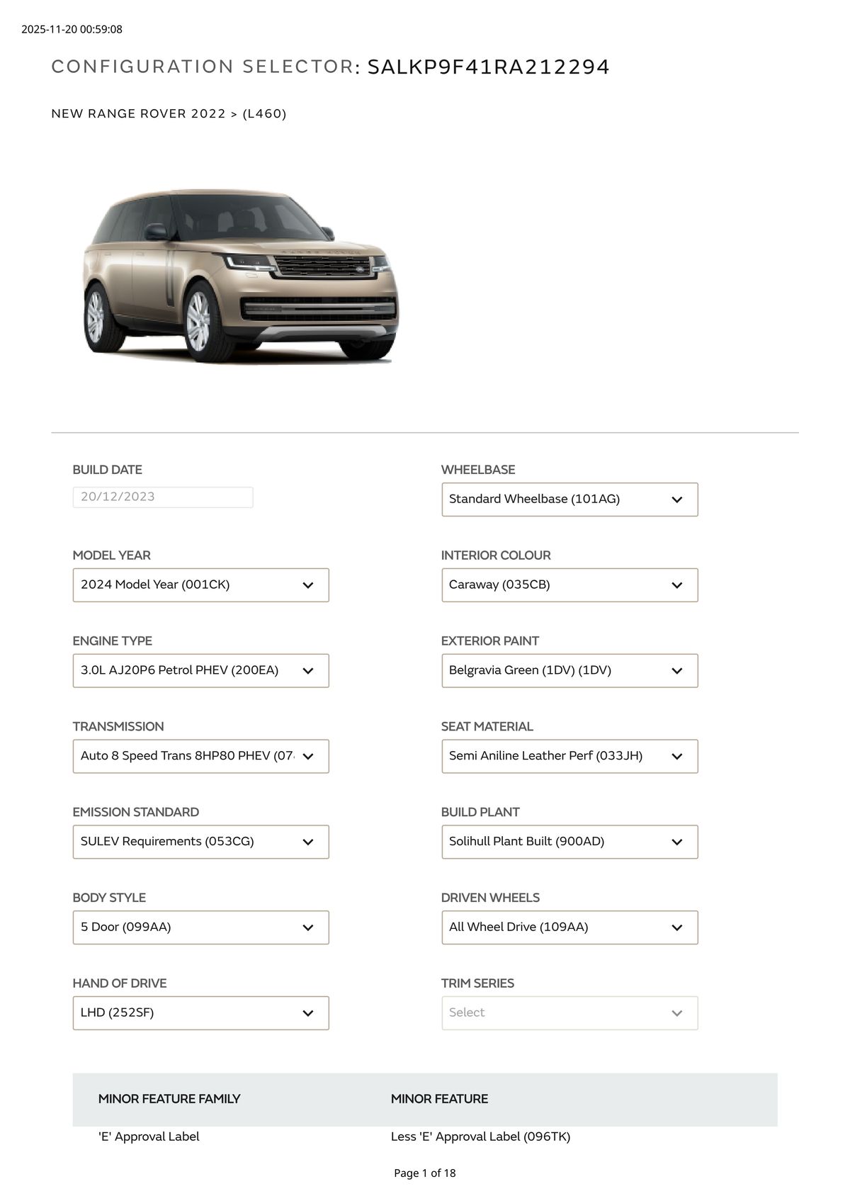 Build Sheet VIN SALKP9F41RA212294