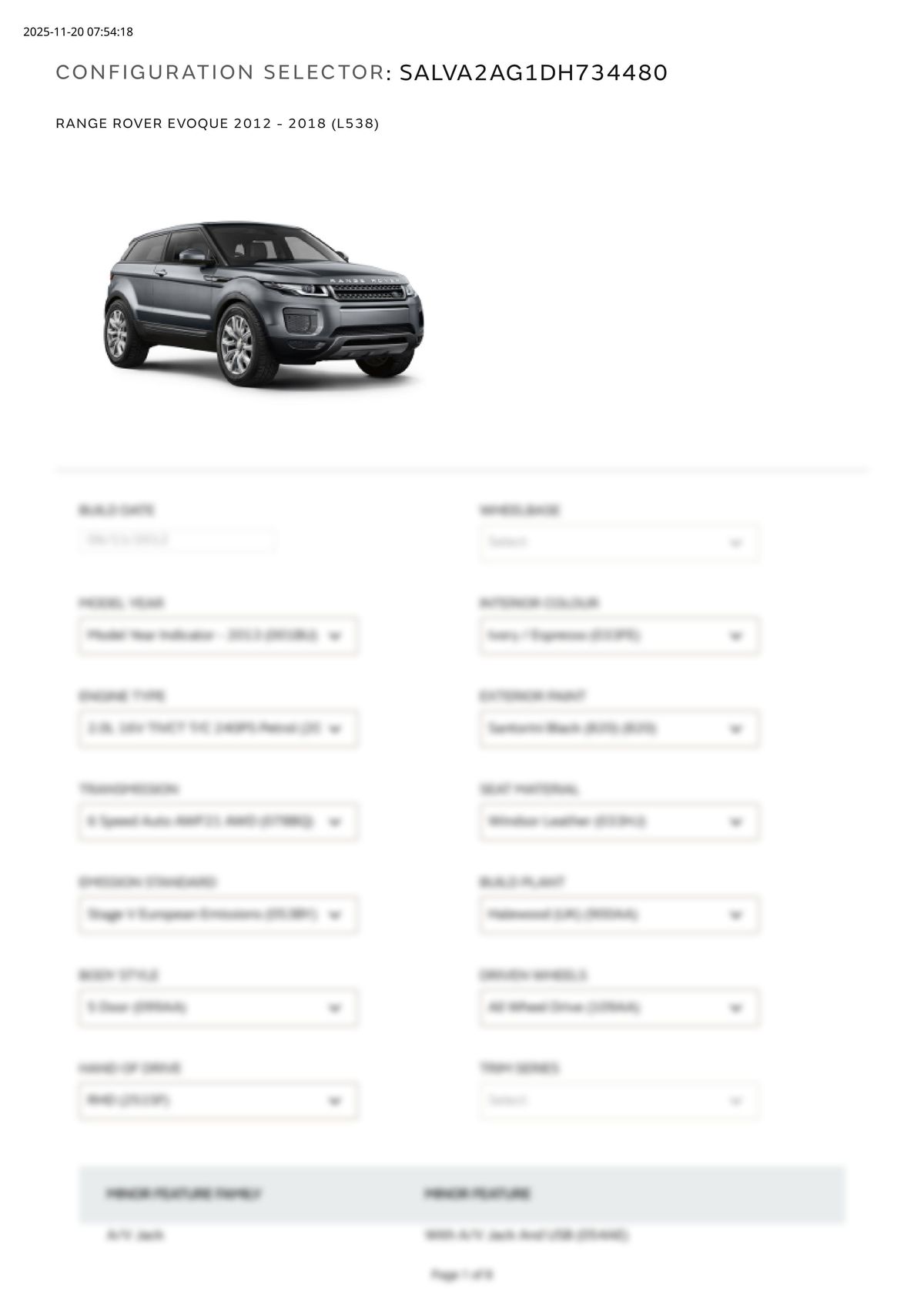 Build Sheet VIN SALVA2AG1DH734480