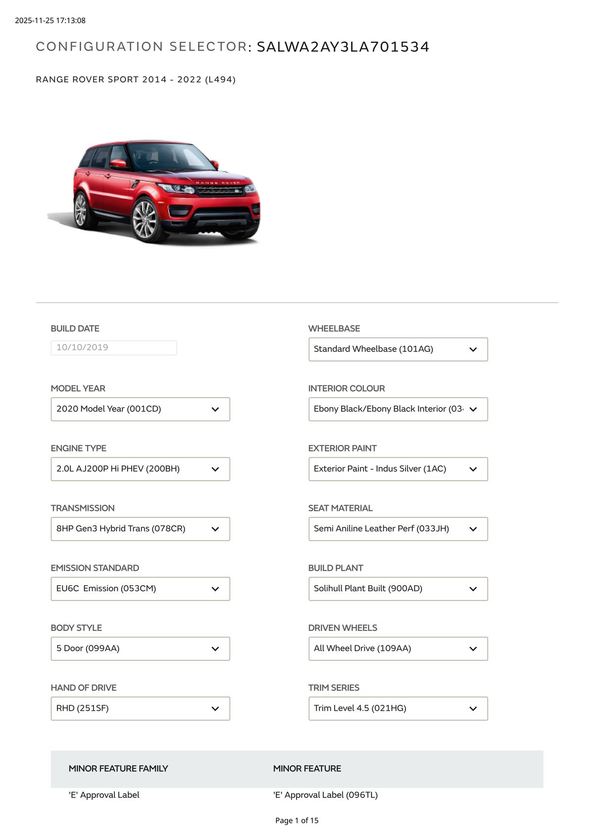 Build Sheet VIN SALWA2AY3LA701534