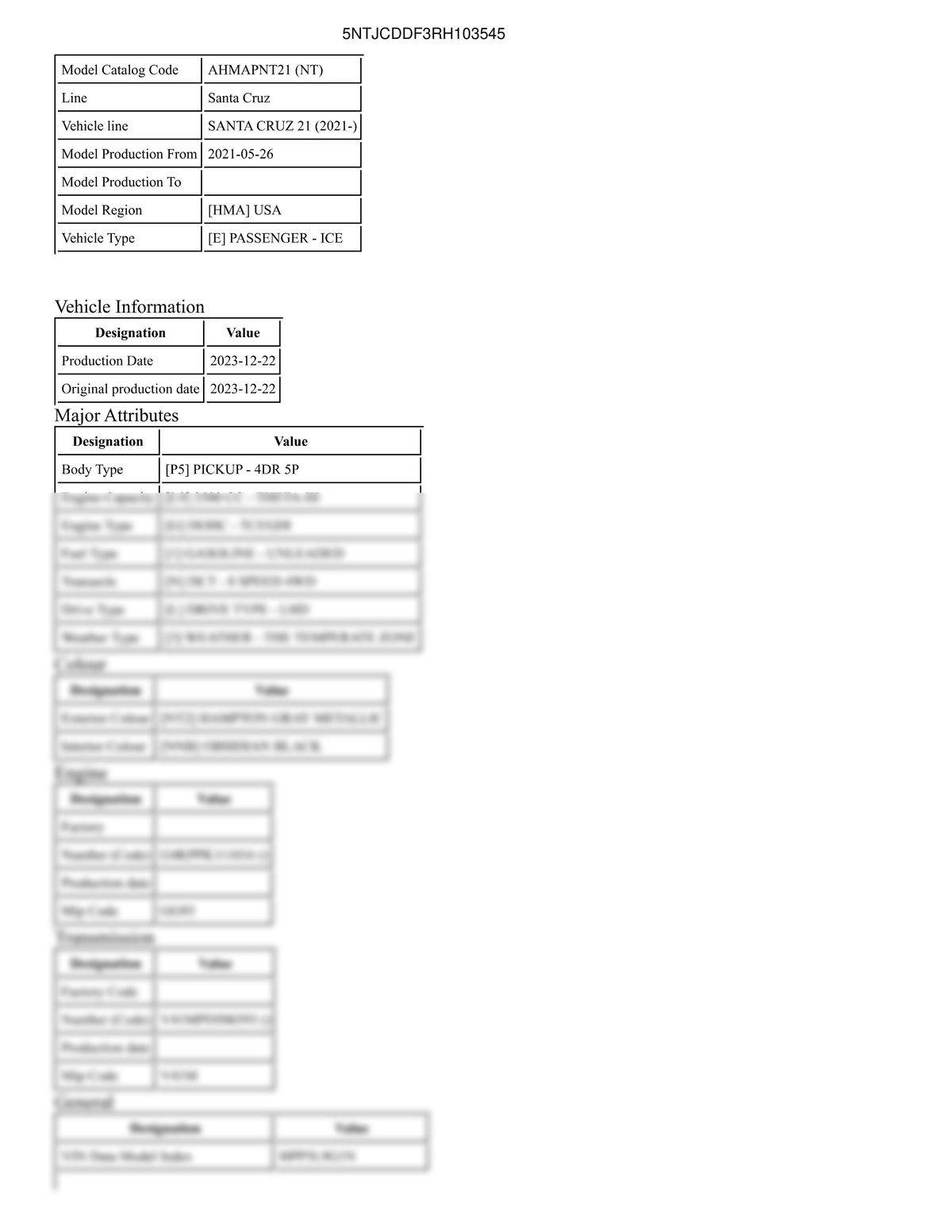 Build Sheet VIN 5NTJCDDF3RH103545