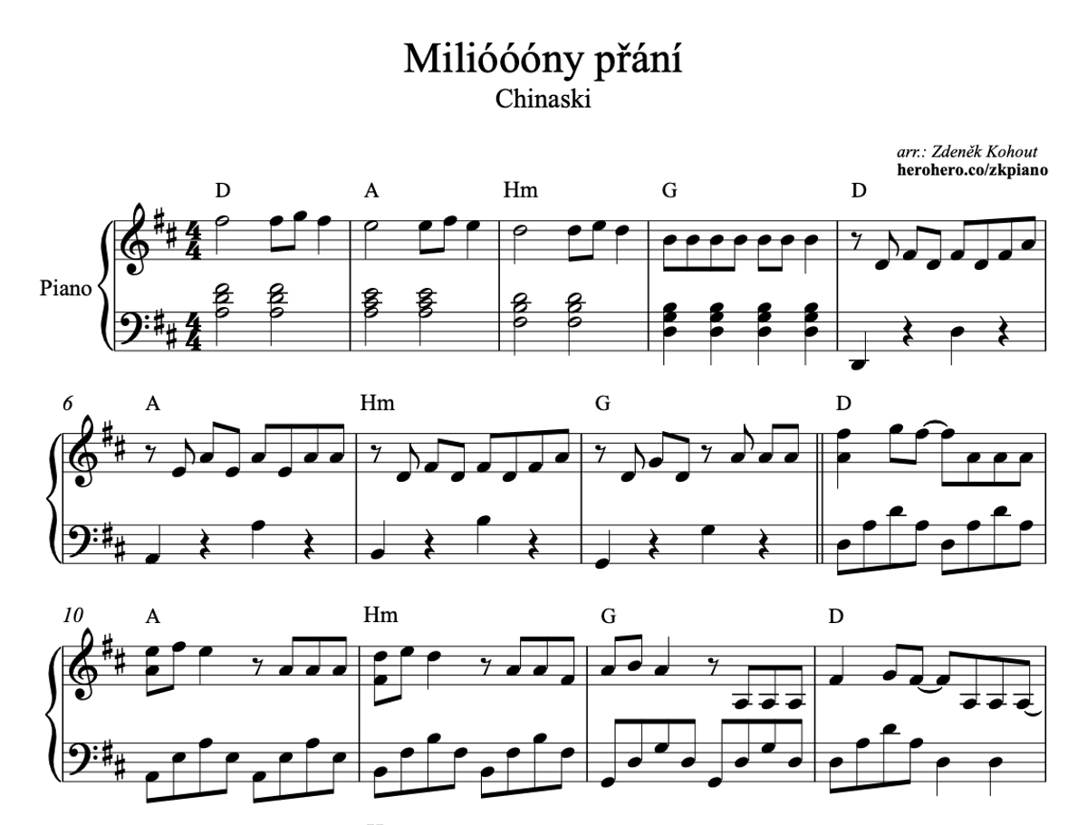 Milióóóny přání - Chinaski - piano noty