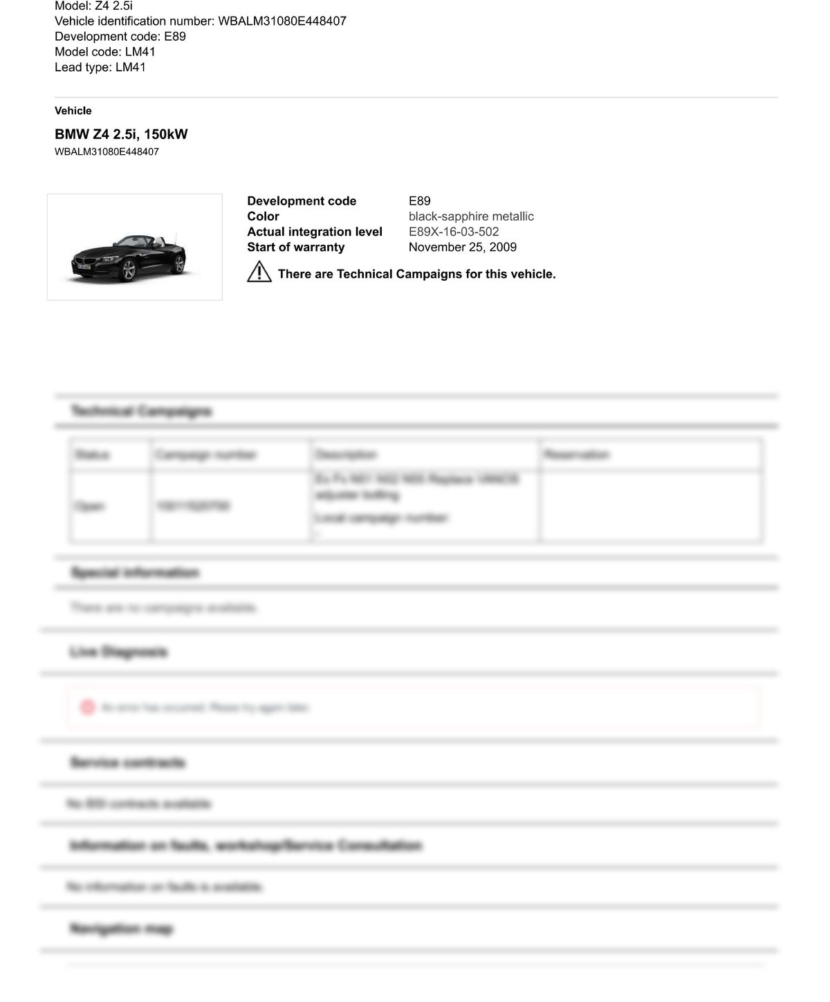 Service History Report VIN WBALM31080E448407