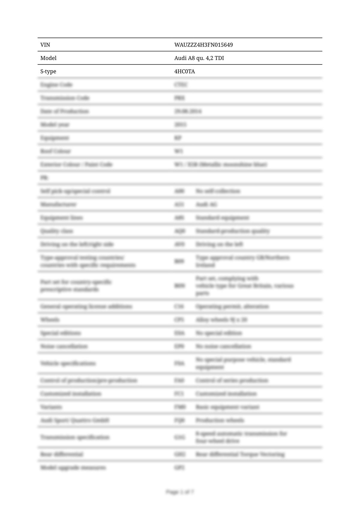 Build Sheet VIN WAUZZZ4H3FN015649