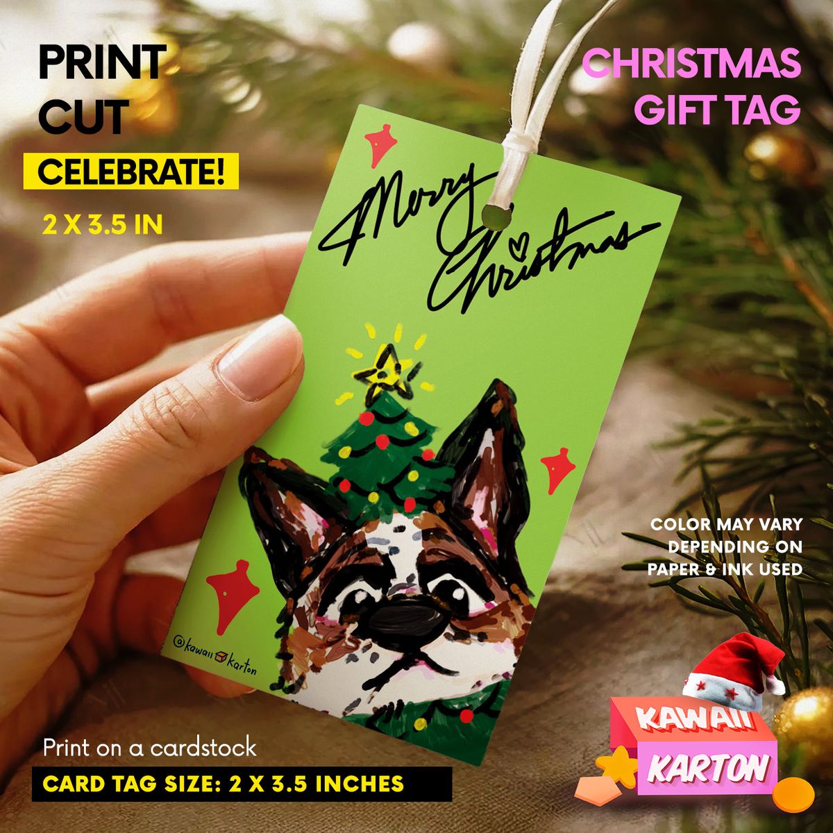 🐶🎄 Holiday Gift Tag: Tree Lights Dog Green Christmas Gift Tag Ornament