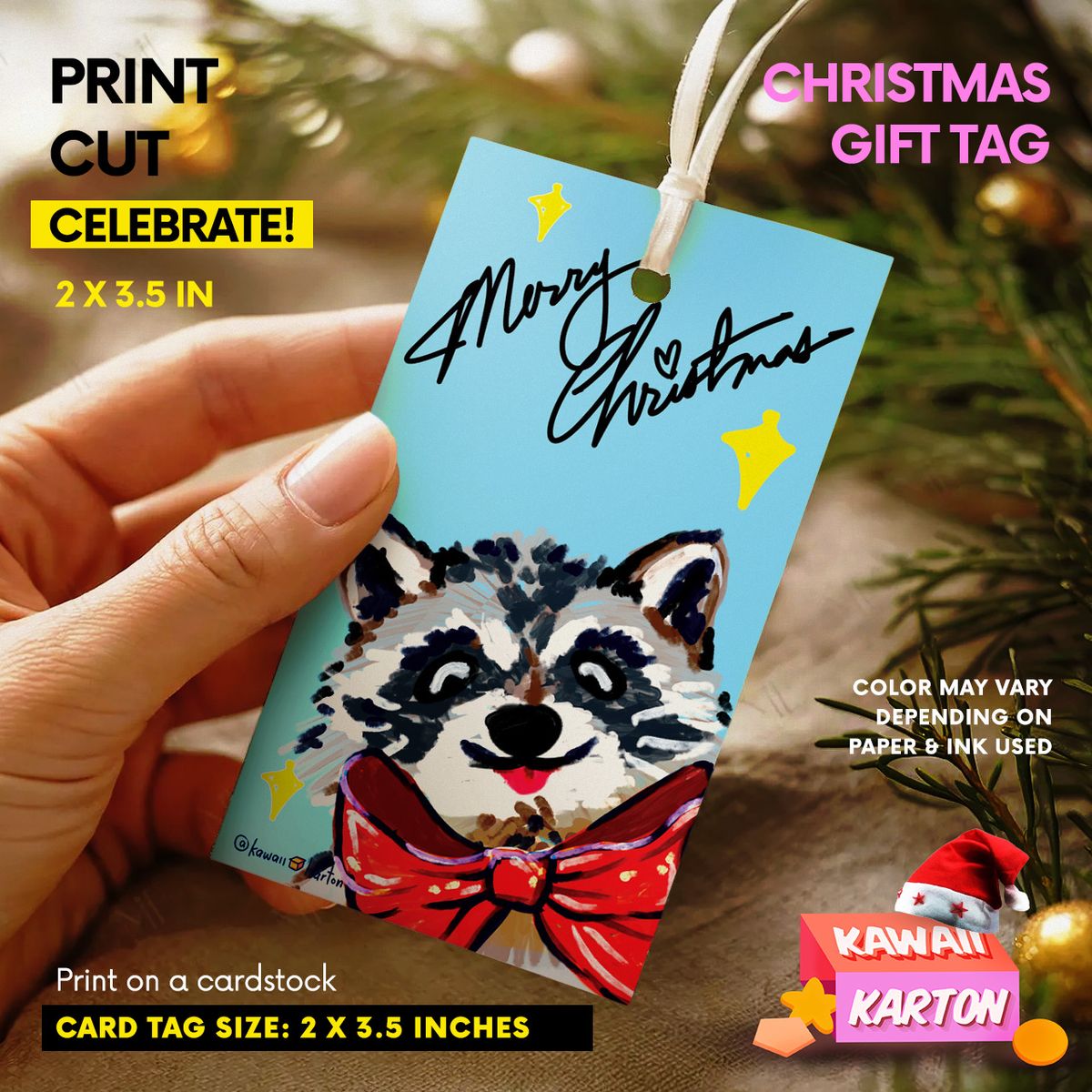 🦝🎀 Holiday Gift Tag: Raccoon Ribbon Blue Christmas Gift Tag Ornament