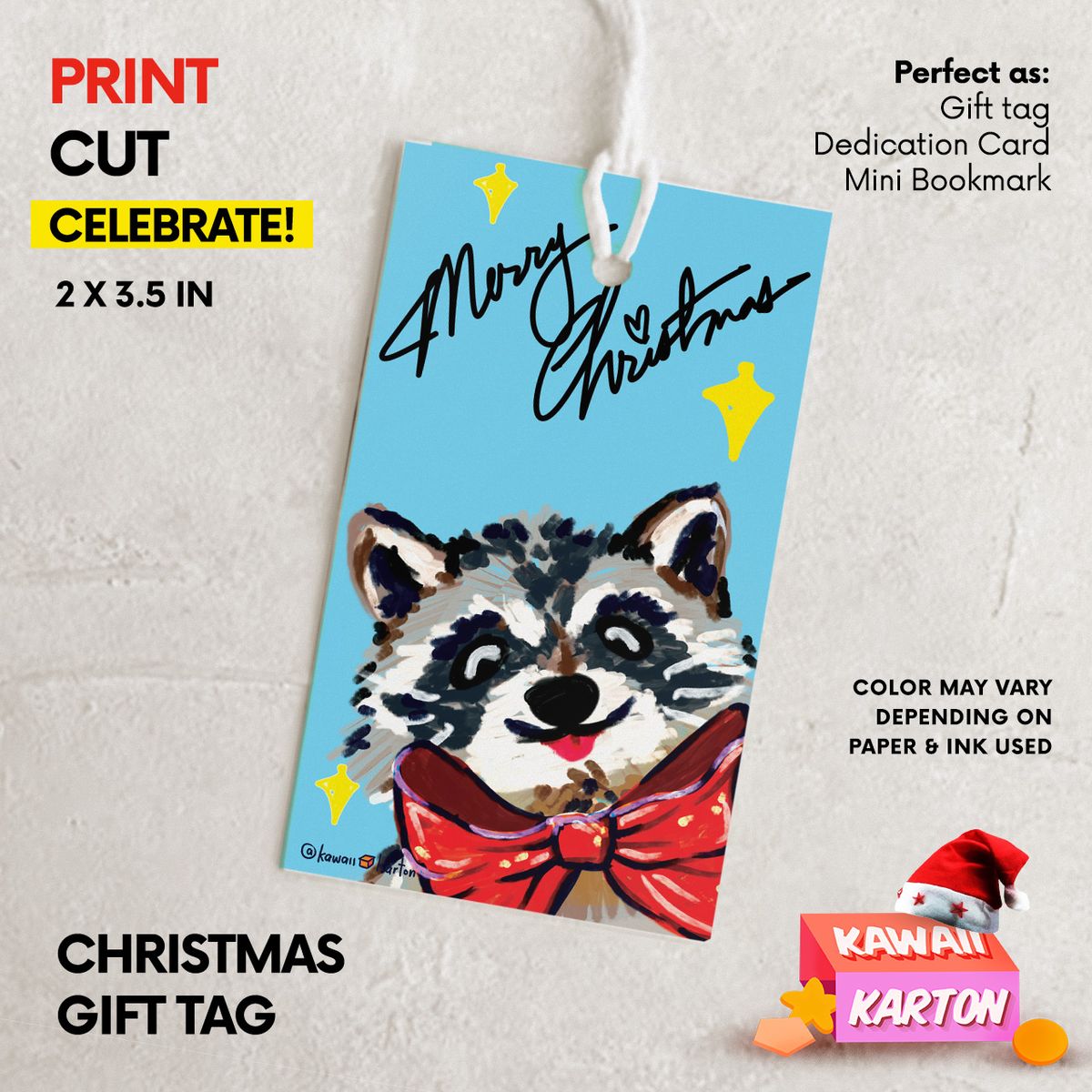 🦝🎀 Holiday Gift Tag: Raccoon Ribbon Blue Christmas Gift Tag Ornament