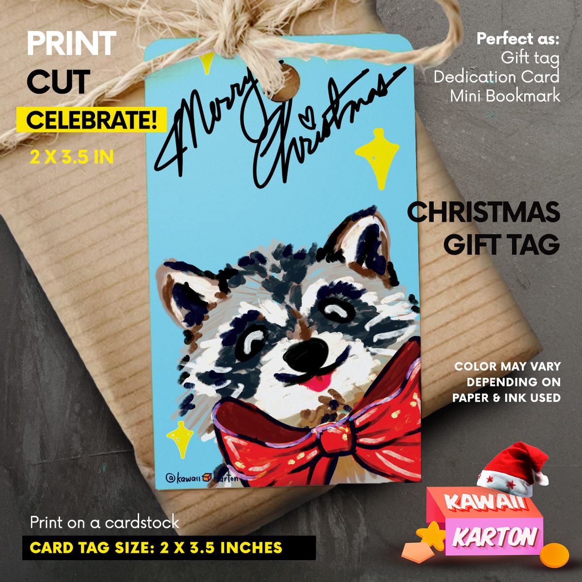 🦝🎀 Holiday Gift Tag: Raccoon Ribbon Blue Christmas Gift Tag Ornament