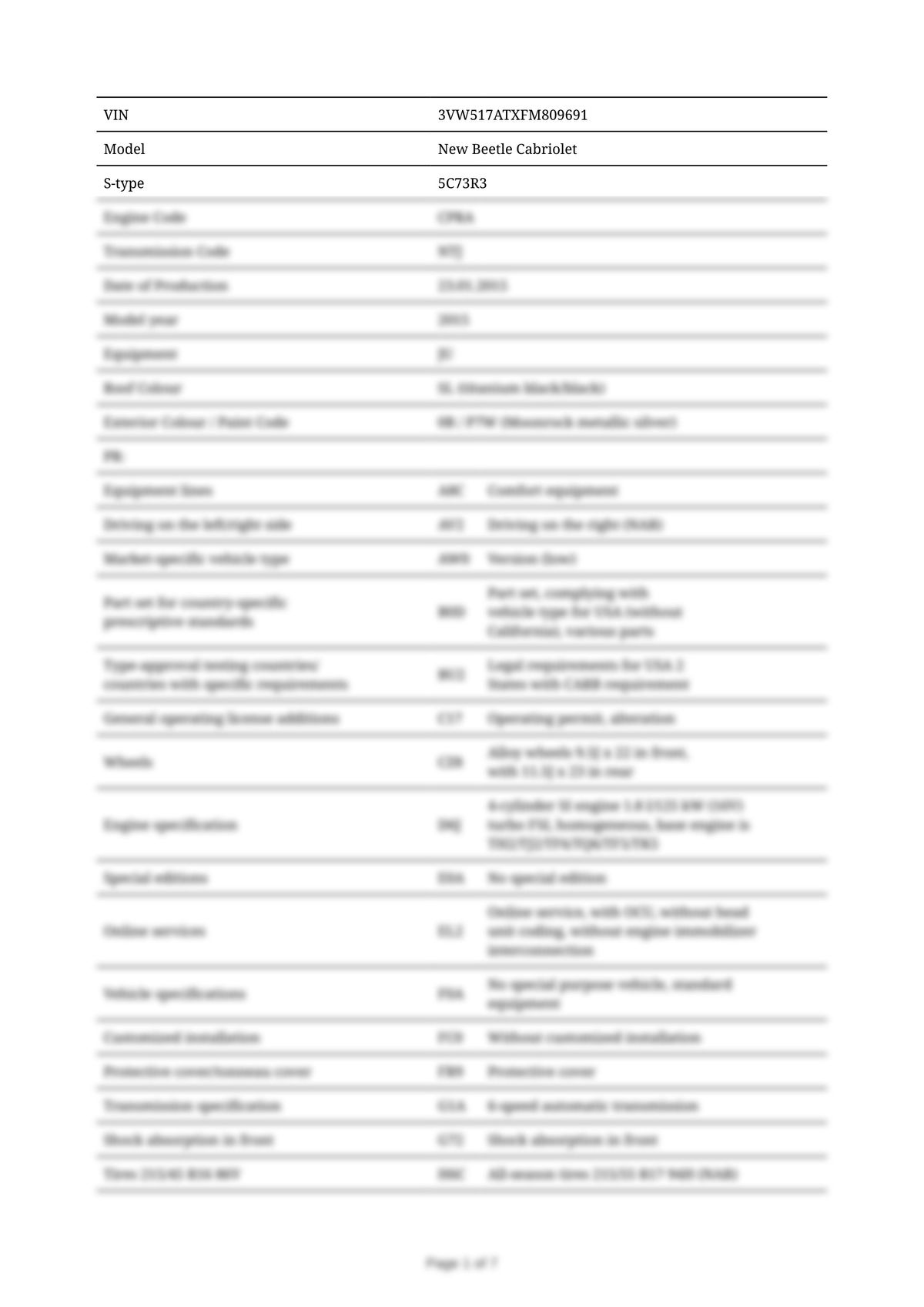 Build Sheet VIN 3VW517ATXFM809691