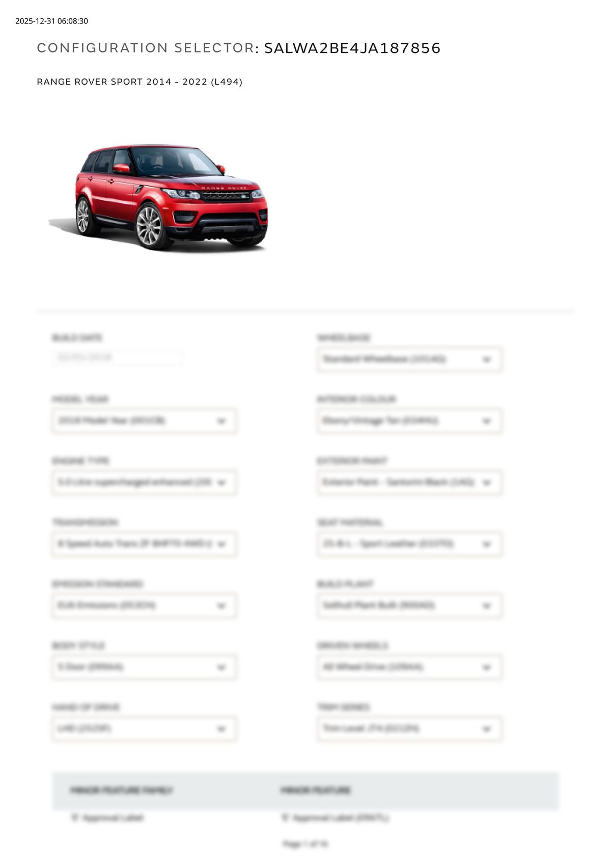 Build Sheet VIN SALWA2BE4JA187856
