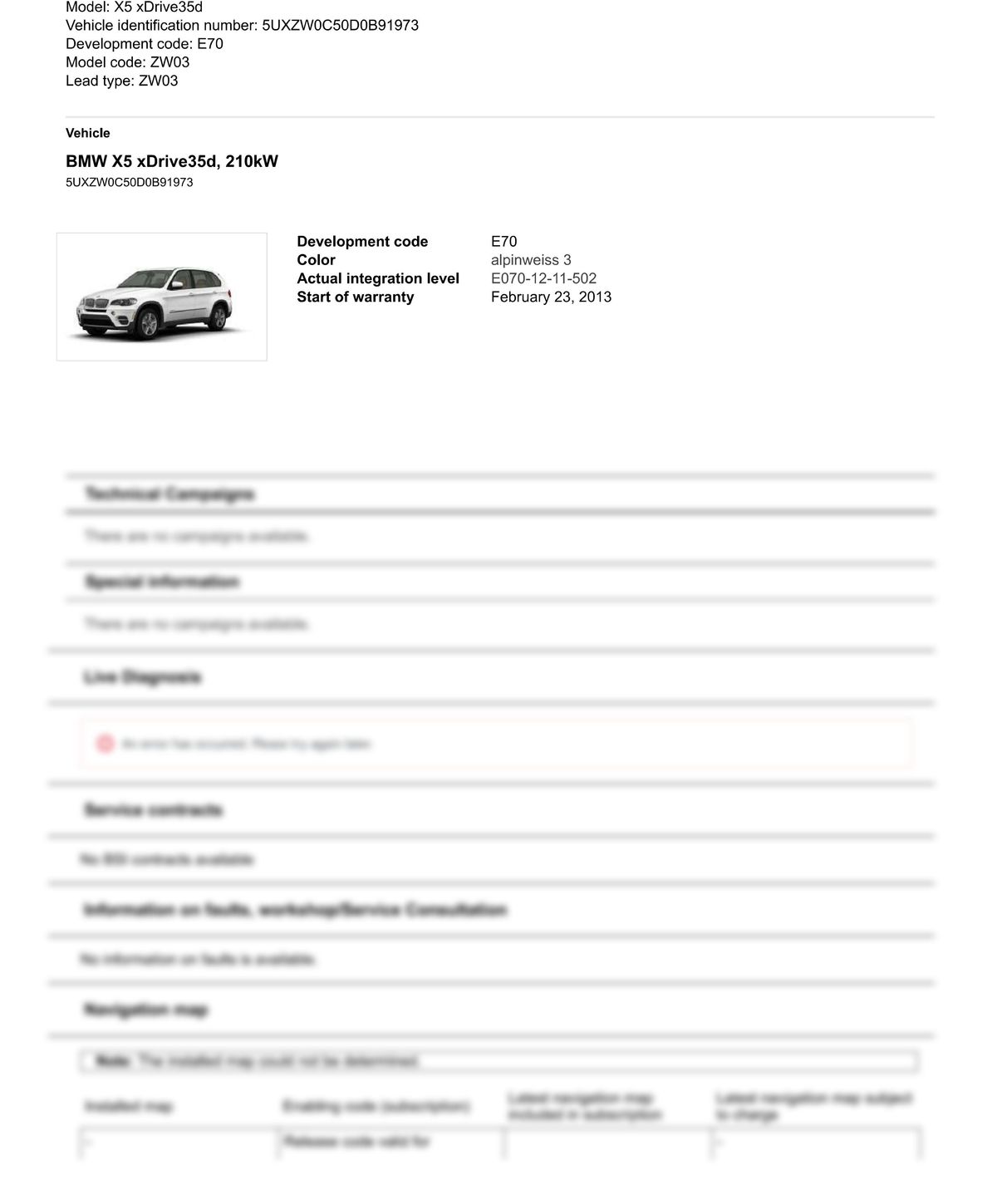 Service History Report VIN 5UXZW0C50D0B91973
