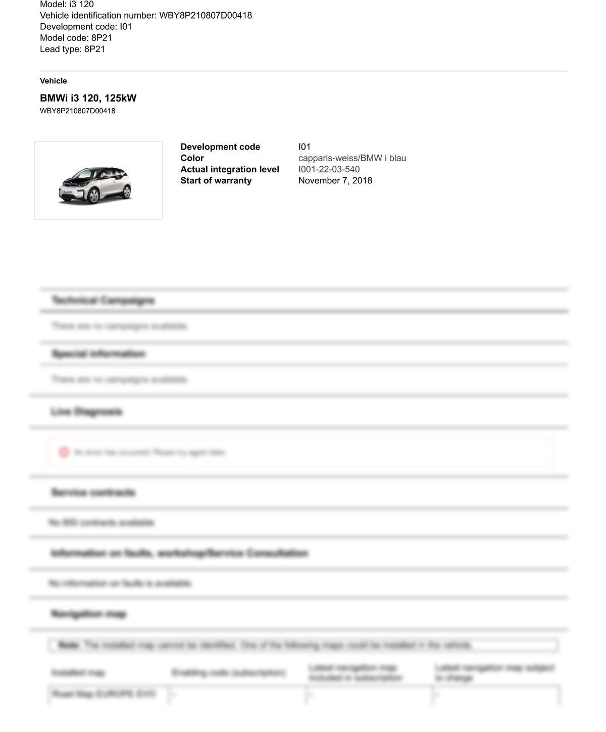 Service History Report VIN WBY8P210807D00418