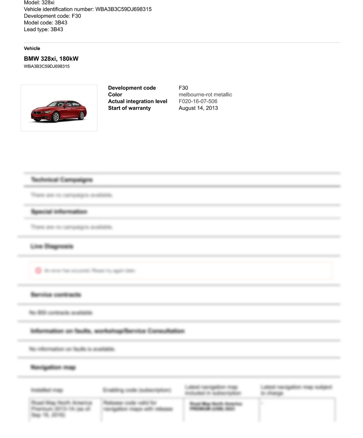 Service History Report VIN WBA3B3C59DJ698315