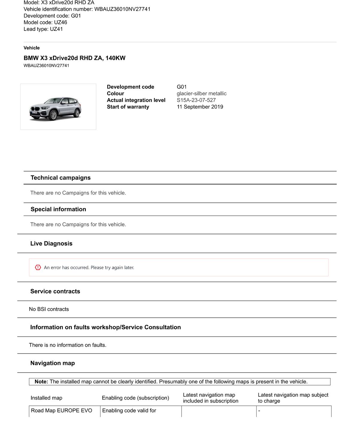 Service History Report VIN WBAUZ36010NV27741