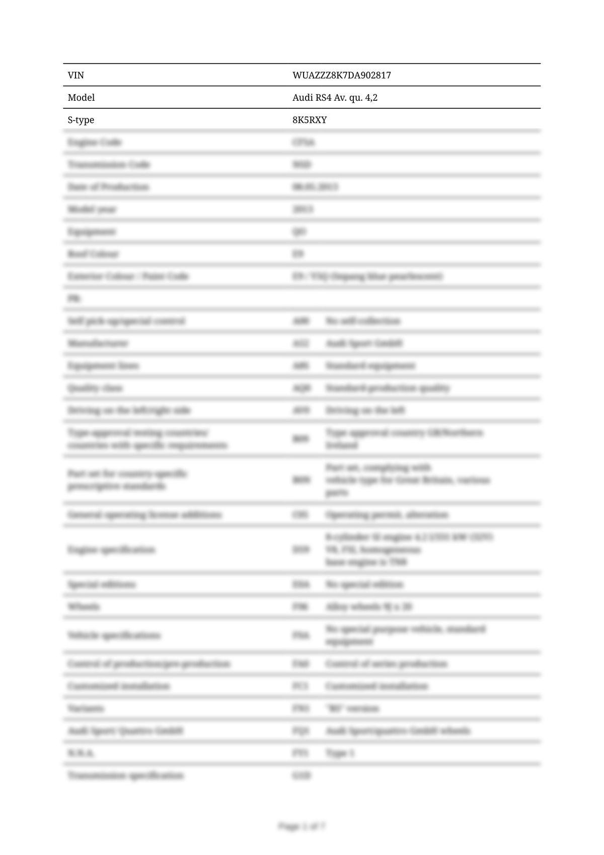 Build Sheet VIN WUAZZZ8K7DA902817