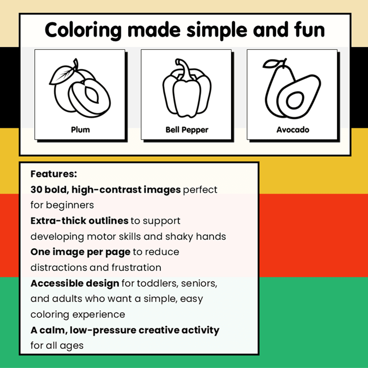 Bold and Simple Fruits and Vegetables Coloring Book DIGITAL VERSION (printable)