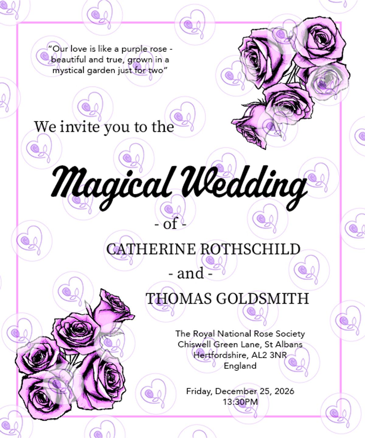 Mystical Purple Rose Wedding Invitation | Personalised Digital Commission (A5 Portrait)