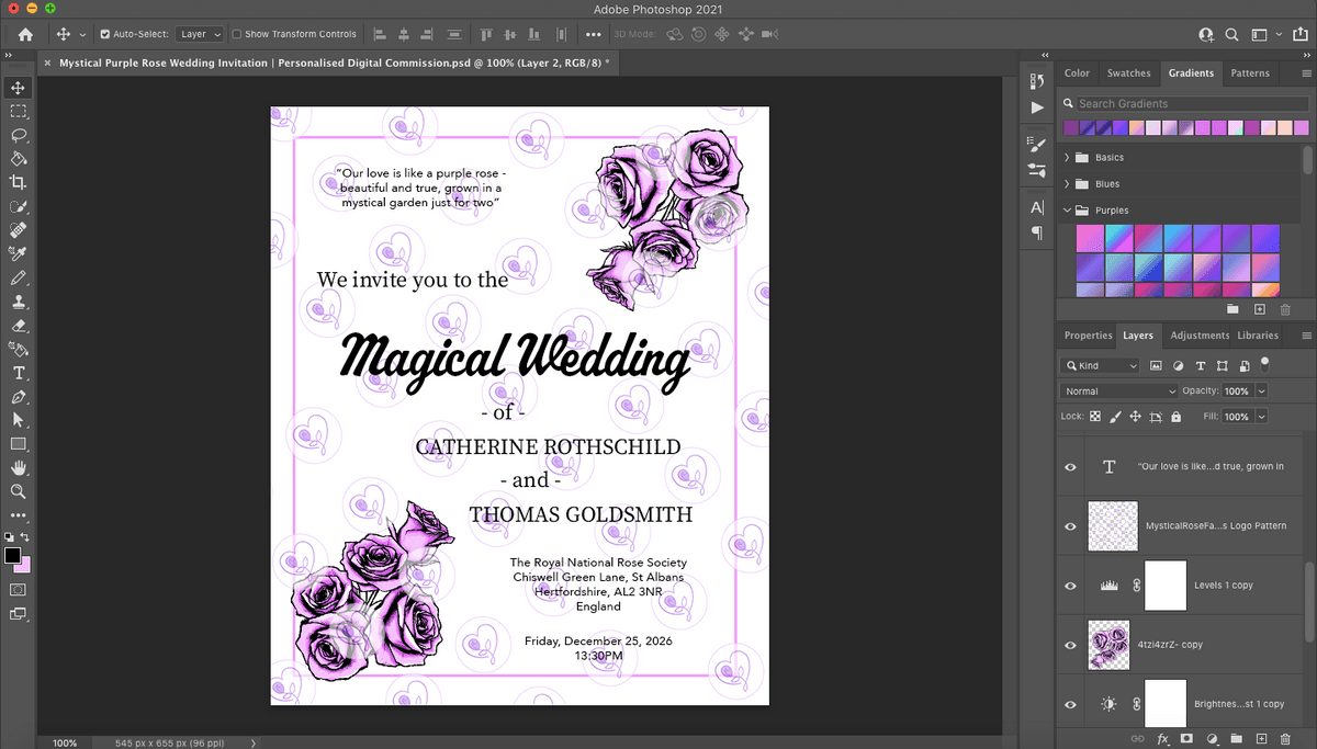Mystical Purple Rose Wedding Invitation | Personalised Digital Commission (A5 Portrait)