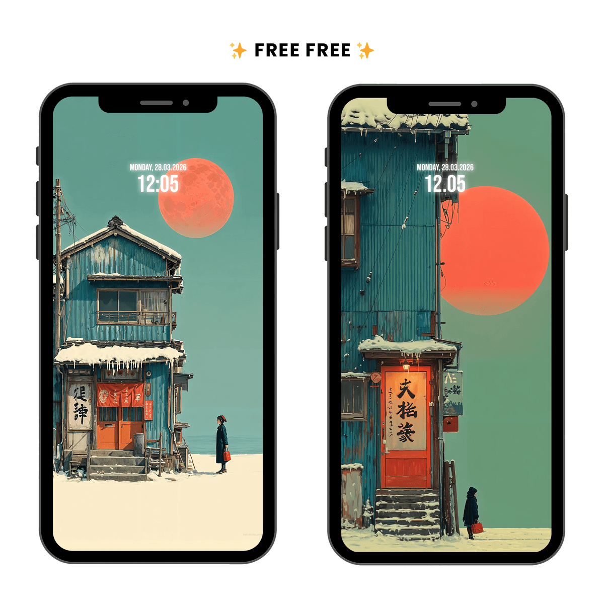 FREE Roadside shop beneath a soft coral sun 4k Wallpaper🌊☀️