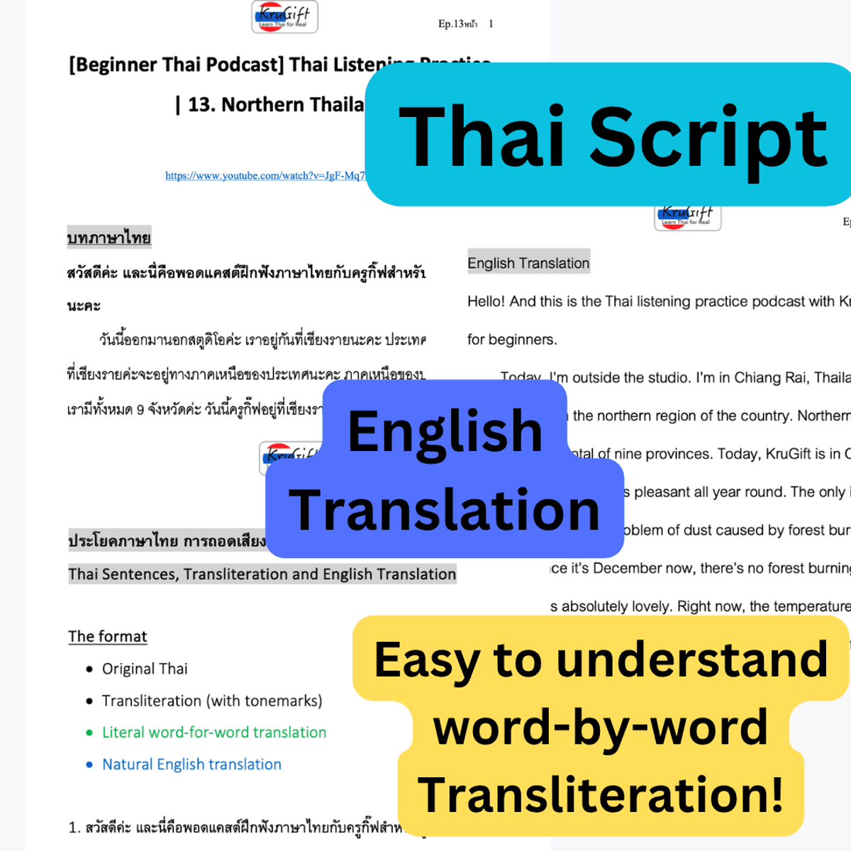 [Beginner Thai Podcast]Thai Listening Practice | 13.  Northern Thailand 🇹🇭 Special EP! (Thai Script+Transliteration and English Translation)