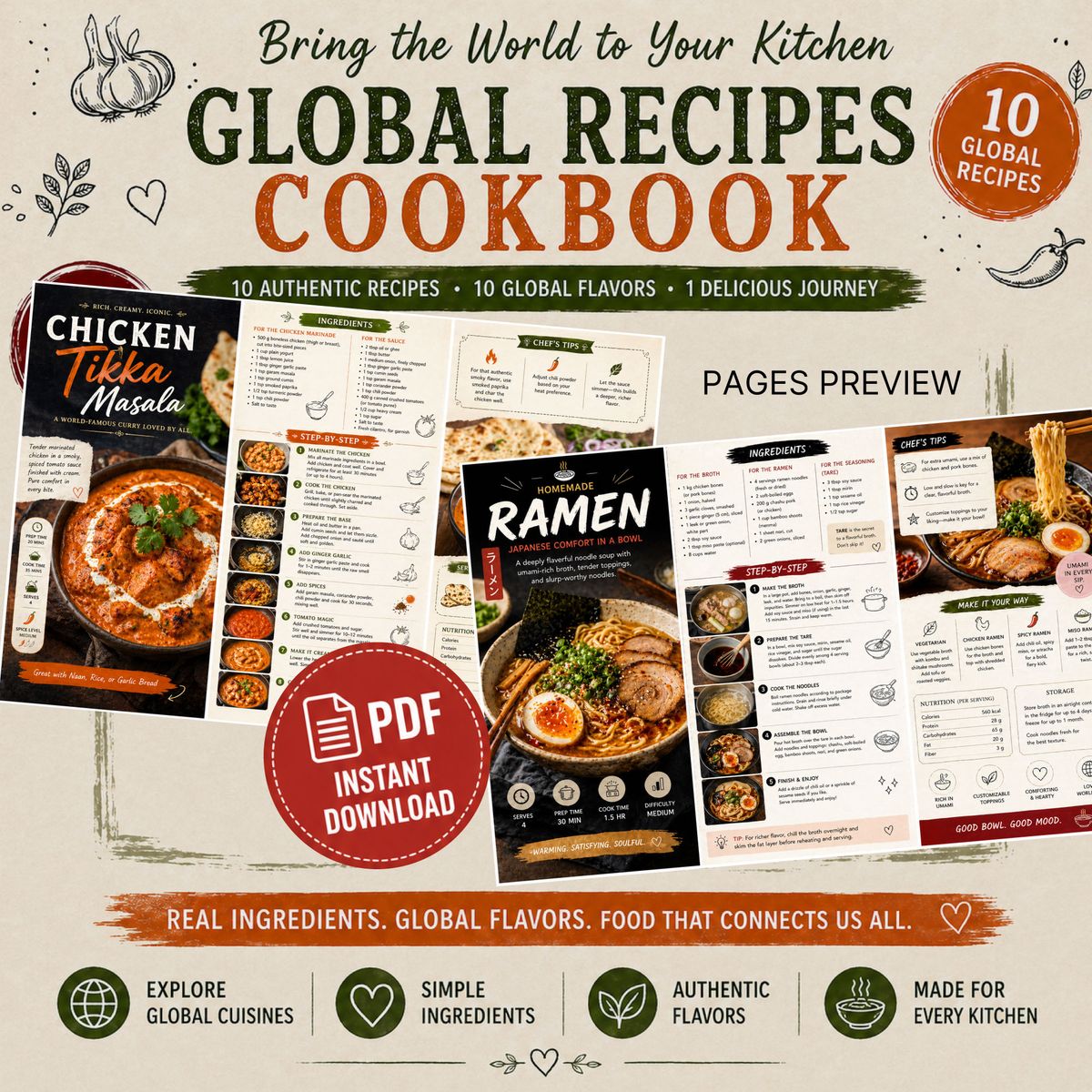 Global Recipes Cookbook (PDF Instant Download) | 10 Easy International Recipes