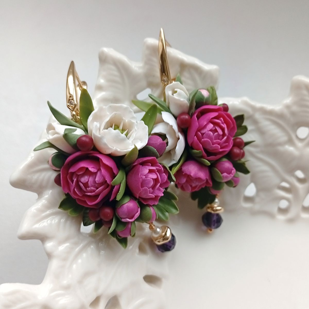 Miniature Peony Flower Earrings – Handcrafted Botanical Jewelry in Pink & White