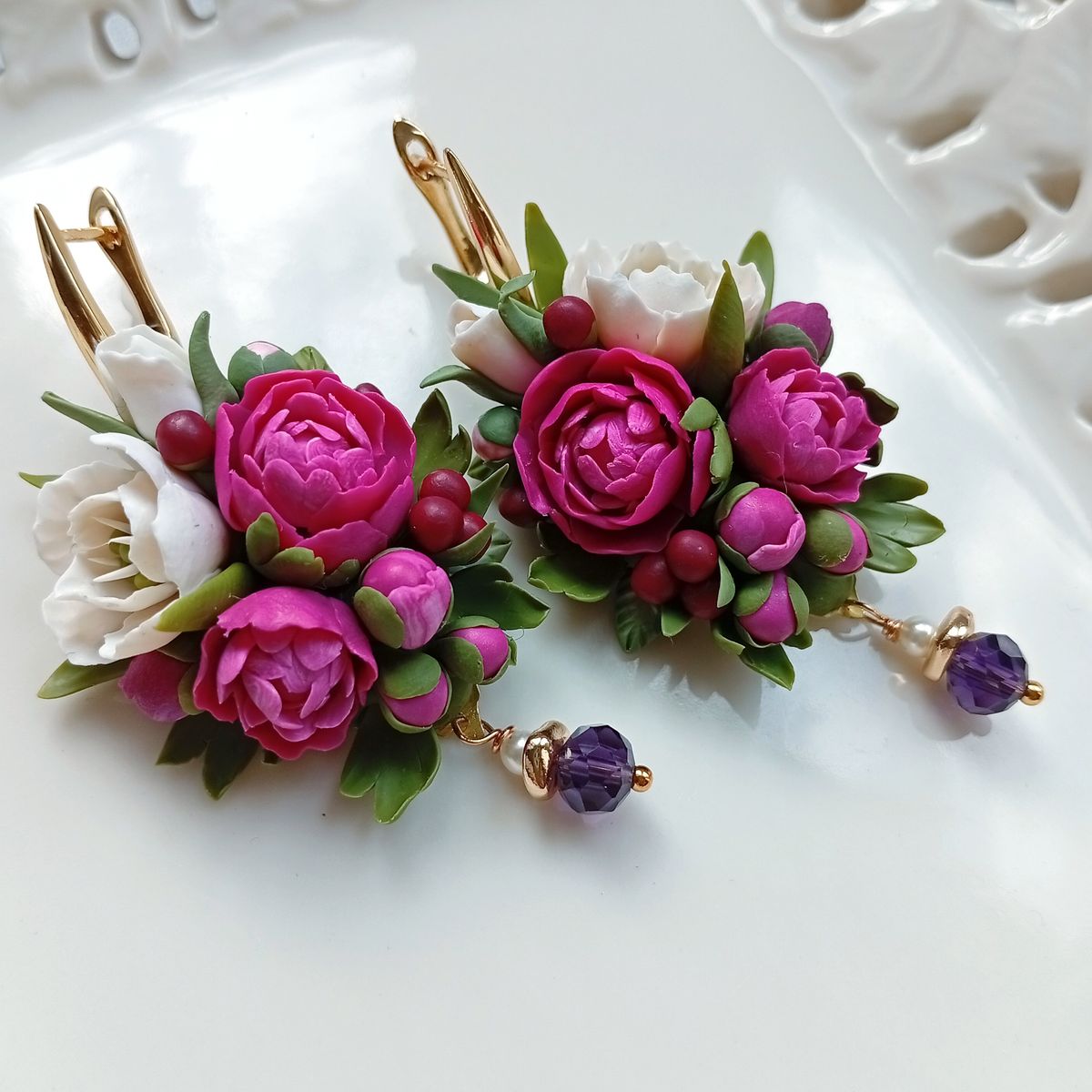 Miniature Peony Flower Earrings – Handcrafted Botanical Jewelry in Pink & White