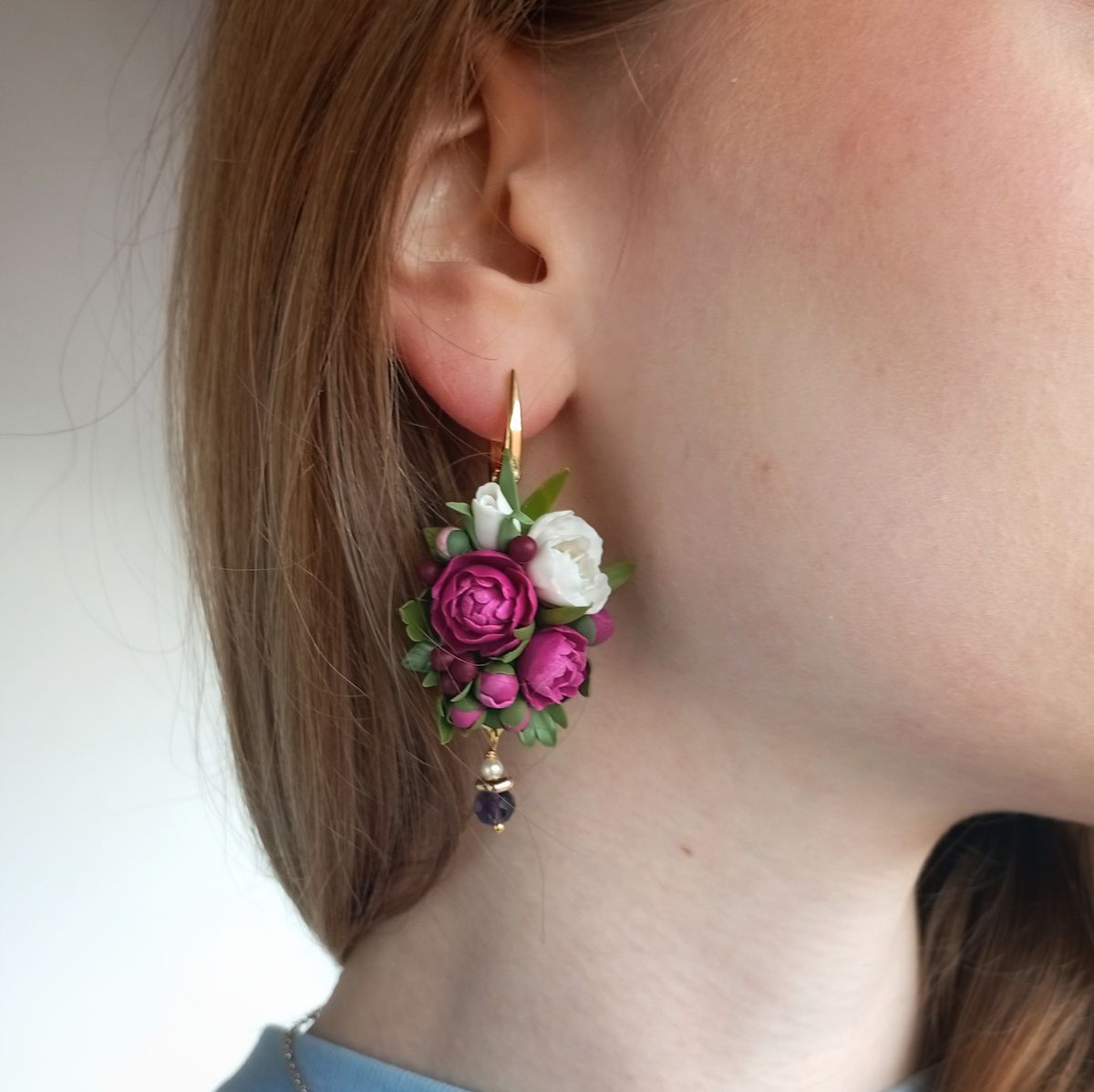 Miniature Peony Flower Earrings – Handcrafted Botanical Jewelry in Pink & White