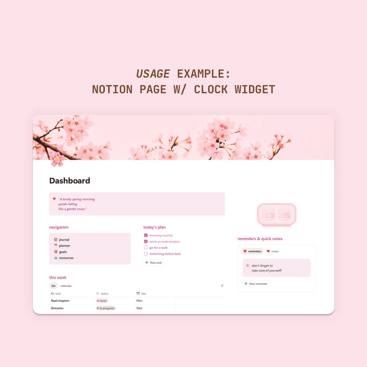 [24h Format] Pink Mix Widget Clock Pack for Notion & Dashboards