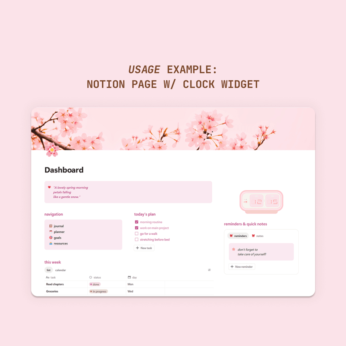[12h Format] Pink Mix Widget Clock Pack for Notion & Dashboards