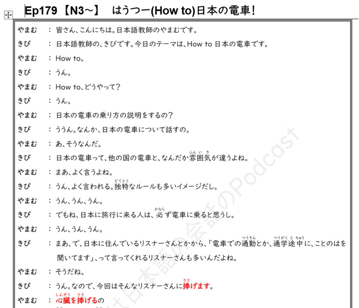 ★Free Trial★　スクリプト　Ep179　【N3～】　はうつー、日本の電車！