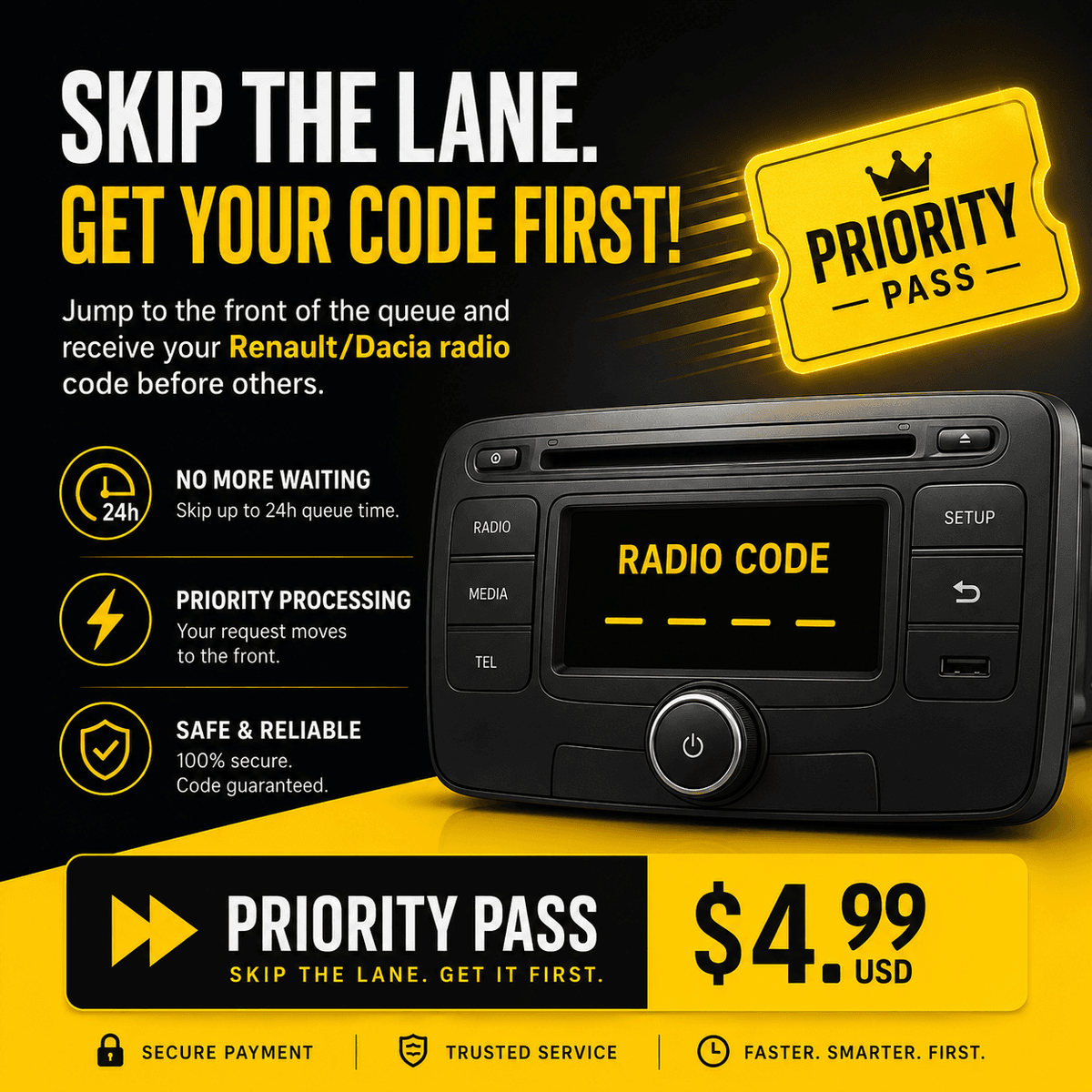 ⚡ Priority Renault/Dacia Radio Code (First in Line)