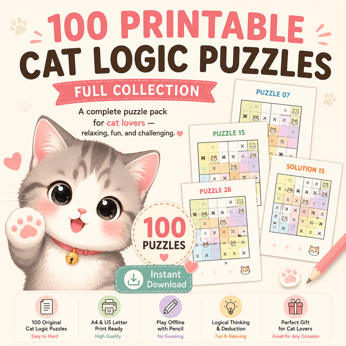 100 Printable Cat Logic Puzzles — Complete Pack