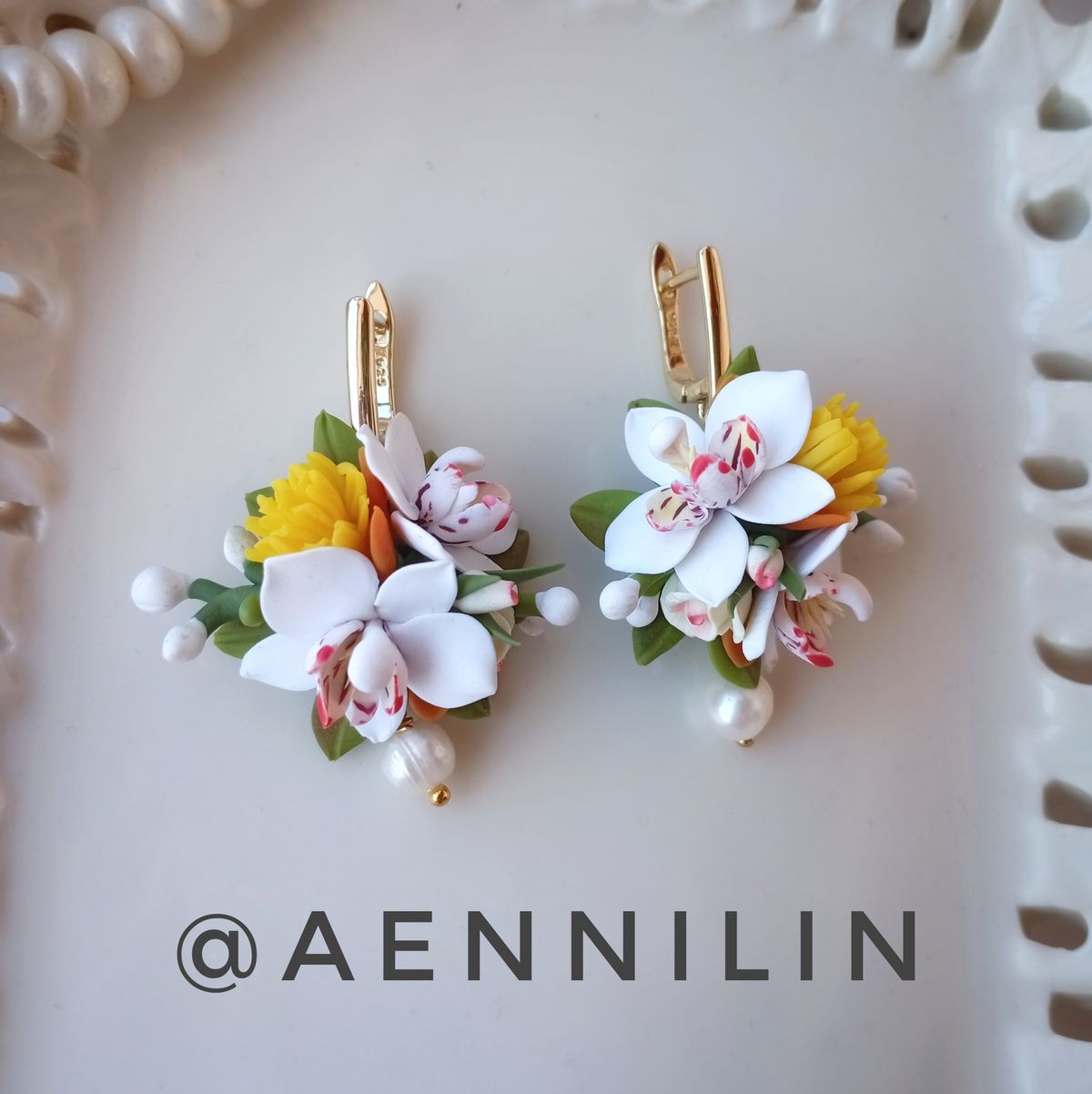 White Orchid Earrings – Handmade Polymer Clay Floral Earrings